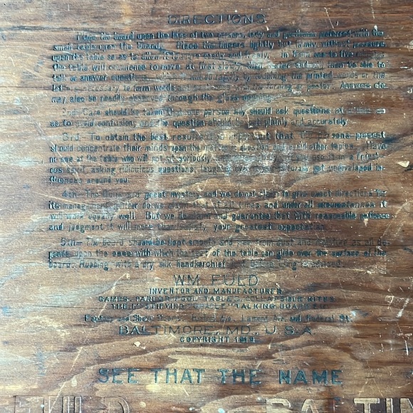 GENUINE 🧿OUIJA 👹🧙🏻‍♀️BIG BOARD 1919 WILLIAM FULD BALTIMORE MD. ☠️💀22x15 - Picture 10 of 17